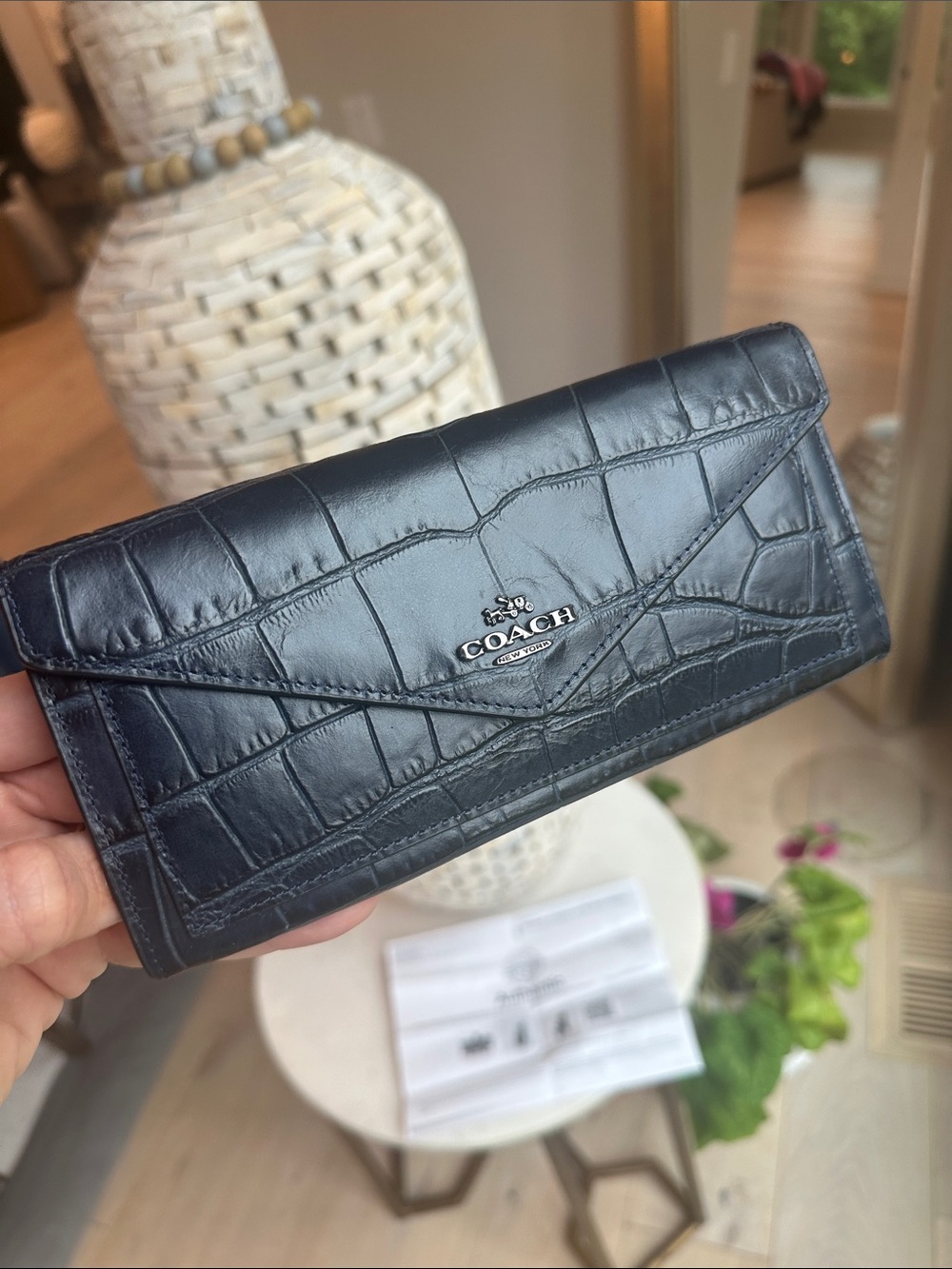 Coach Croc-Embossed Leather Envelope Wallet in Dark Navy